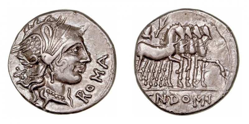 Domitia. Denario. AR. (116-115 a.C.). A/Cabeza de Roma a der., delante ROMA y de...