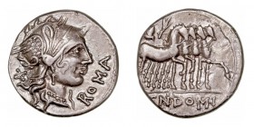 Domitia. Denario. AR. (116-115 a.C.). A/Cabeza de Roma a der., delante ROMA y detrás X. R/Júpiter en cuádriga con una rama de laurel, en exergo CN · D...