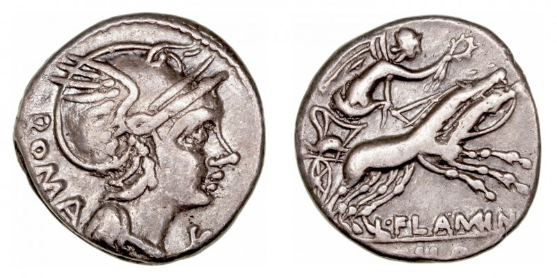 Flaminia. Denario. AR. (109-108 a.C.). A/Cabeza de Roma a der., detrás ROMA y de...