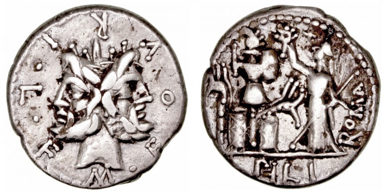 Furia. Denario. AR. (119 a.C.). A/Cabeza de Jano bifonte, alrededor M · FOVRI · ...
