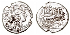 Gellia. Denario. AR. Roma. (138 a.C.). A/Cabeza de Roma a der., detrás X, todo dentro de corona de laurel. R/Marte con escudo y Nerio Neriensis en cua...