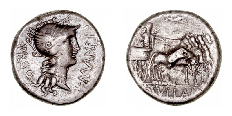 Manlia. Denario. AR. (82 a.C.). A/Cabeza de Roma a der., delante L· MANLI y detr...