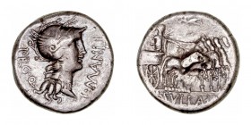 Manlia. Denario. AR. (82 a.C.). A/Cabeza de Roma a der., delante L· MANLI y detrás PRO · Q. R/Sila en cuadriga a der., en exergo L· SVLLA (IM). 4.01g....