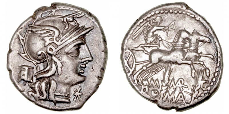 Marcia. Denario. AR. Roma. (134 a.C.). A/Cabeza de Roma a der., entre X y modio....