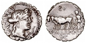 Maria. Denario. AR. Roma. (81 a.C.). Serie º. A/Cabeza laureada de espigas de Ceres a der., detrás CAPIT · CV, delante rama. R/Colono con dos bueyes a...