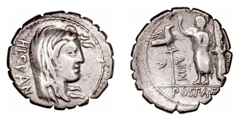 Postumia. Denario. AR. Roma. (81 a.C.). A/Cabeza de Hispania velada a der., detr...