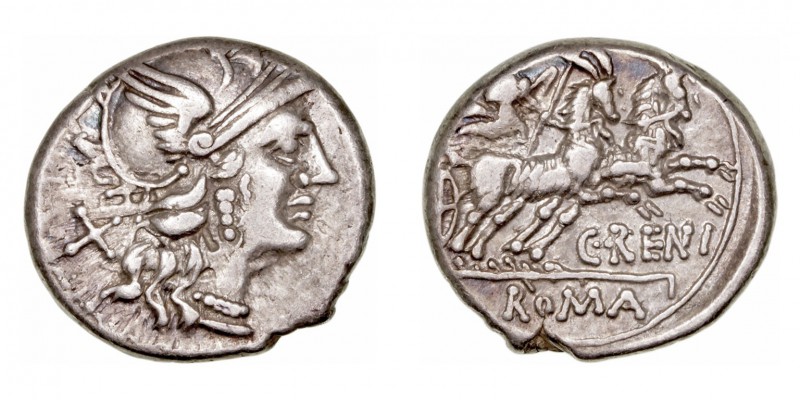 Renia. Denario. AR. Roma. (138 a.C.). A/Cabeza de Roma a der. y detrás X. R/Juno...