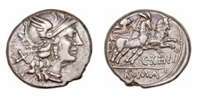 Renia. Denario. AR. Roma. (138 a.C.). A/Cabeza de Roma a der. y detrás X. R/Juno Caprotina en biga a der., arrastrada por machos cabríos, debajo C ·RE...