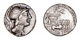Rubria. Denario. AR. Roma. (87 a.C.). A/Cabeza de Minerva a der., detrás DOS. R/Carro triunfal a der., Victoria encima y debajo (L·RVBRI). 4.29g. FFC....