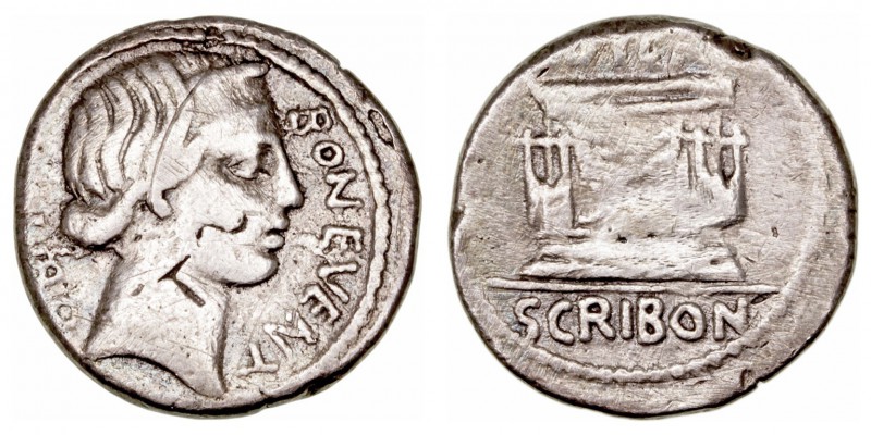 Scribonia. Denario. AR. Roma. (62 a.C.). A/Cabeza diademada de Bonus Eventus a d...