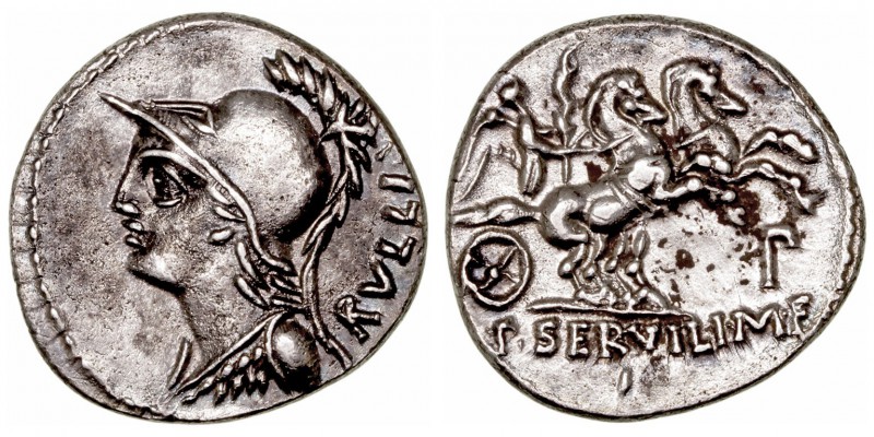 Servilia. Denario. AR. (100 a.C.). A/Cabeza de Minerva a izq., detrás RVLLI. R/V...