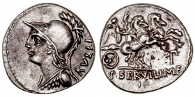 Servilia. Denario. AR. (100 a.C.). A/Cabeza de Minerva a izq., detrás RVLLI. R/Victoria con palma en biga a der., debajo P y en exergo P. SERVILLI. M....