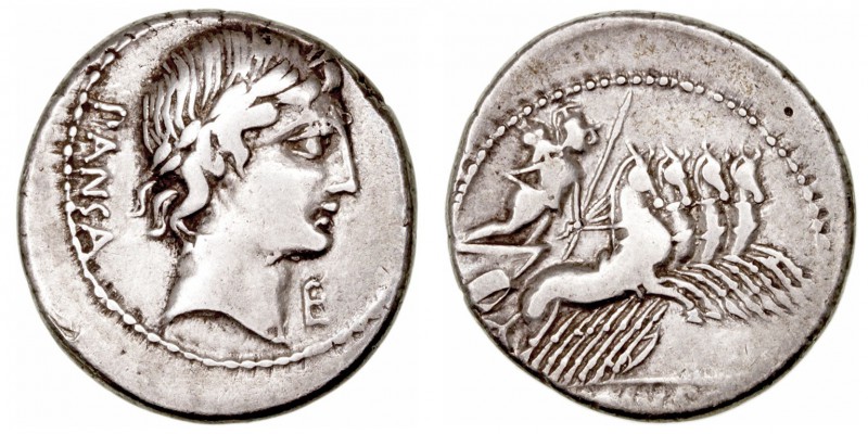 Vibia. Denario. AR. Roma. (90 a.C.). A/Cabeza laureada de Apolo a der., delante ...