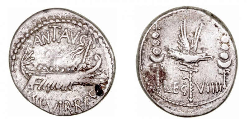Marco Antonio. Denario. AR. (32-31 a.C.). A/Galera pretoriana a der., alrededor ...