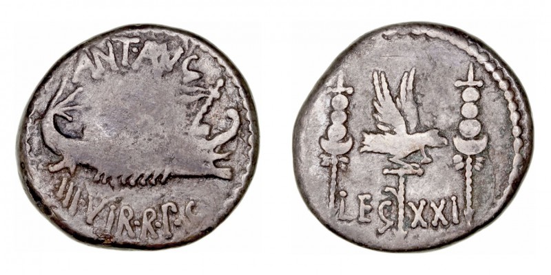 Marco Antonio. Denario. AR. (32-31 a.C.). A/Galera pretoriana a der., alrededor ...