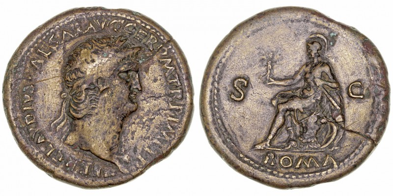 Nerón. Sestercio. AE. (54-68). R/ROMA. S.C. Roma sentada a la izq. portando Vict...