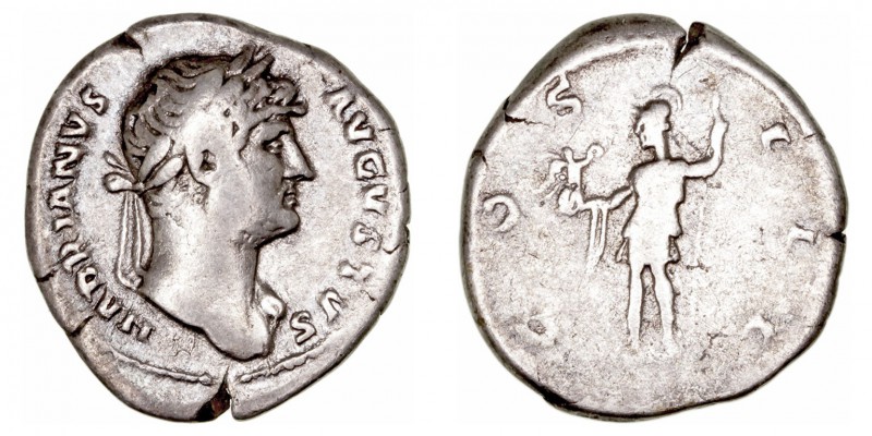 Adriano. Denario. AR. (117-138). R/COS. III. Roma a izq. portando Victoria. 3.24...