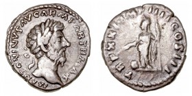 Marco Aurelio. Denario. AR. (161-180). R/TR. P. XXI IMP. IIII COS. III. Deidad estante a la izq. 3.17g. RIC.170. MBC/MBC-.