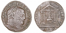 Maximiano Hércules. Follis. AE. Aquileia. (307). R/CONSERV. VRB. SVAE. Templo hexástilo, en exergo AQT. 4.67g. RIC.118. BC+.