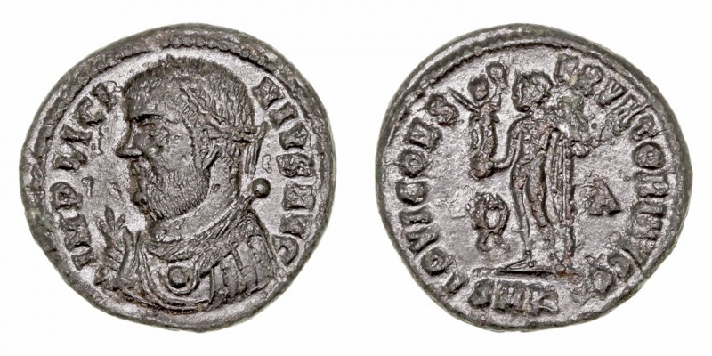 Licinio. Follis. AE. Cizico. (317-320). R/IOVI CONSERVATORI AVGG. Corona y A en ...