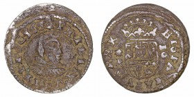 Felipe IV. 16 Maravedís. AE. Coruña R. 1664. 3.81g. Cal.1302. BC+.