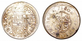 Felipe V. 4 Reales. AR. Sevilla M. 1818. El 4 tumbado. 10.62g. Cal.1144. Sirvió de joya y estuvo dorado. BC/BC-.
