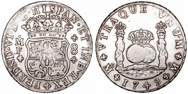 Fernando VI. 8 Reales. AR. Méjico MF. 1749. Tipo columnario. 26.84g. Cal.324. MB...