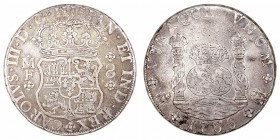Carlos III. 8 Reales. AR. Méjico MF. 1766. Tipo columnario. 26.87g. Cal.904. Pátina oscura. MBC-.
