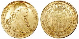 Carlos IV. 8 Escudos. AV. Lima IJ. 1801. 26.76g. Cal.19. MBC/MBC+.