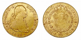 Carlos IV. 2 Escudos. AV. Sevilla CN. 1801. 6.72g. Cal.453. MBC-/MBC.