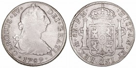 Carlos IV. 8 Reales. AR. Méjico FM. 1789. Busto de Carlos III y numeral IV. 26.63g. Cal.681. MBC-.