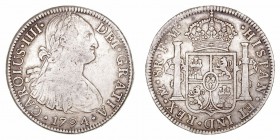 Carlos IV. 8 Reales. AR. Méjico FM. 1794. 26.92g. Cal.687. Pátina de monetario antiguo. MBC+.