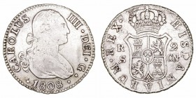Carlos IV. 2 Reales. AR. Sevilla CN. 1808. 5.75g. Cal.1071. MBC.