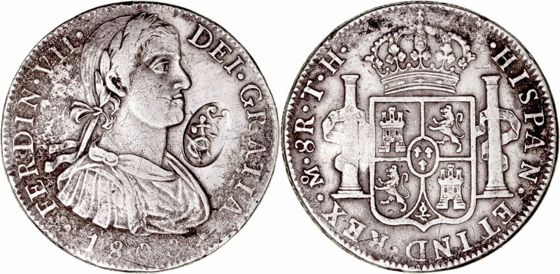 Fernando VII. 8 Reales. AR. Méjico TH. 1808. Busto imaginario. Resello Falso (re...