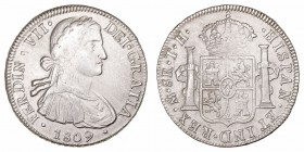 Fernando VII. 8 Reales. AR. Méjico TH. 1809. Busto imaginario. 26.99g. Cal.539. Escasa así. EBC-/MBC+.