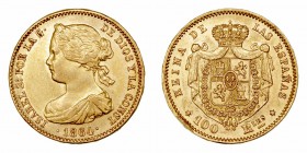Isabel II. 100 Reales. AV. Madrid. 1864. 8.38g. Cal.29. Golpe en canto. EBC-.