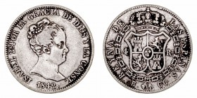 Isabel II. 4 Reales. AR. Barcelona CC. 1842. Busto grande. 5.71g. Cal.265. Muy escasa. MBC/MBC-.