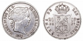 Isabel II. 20 Centavos de Peso. AR. Manila. 1868. 5.12g. Cal.460. MBC+.