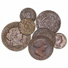 Isabel II. AE. Lote de 7 monedas. 2 Maravedís 1846 Segovia, 5 Céntimos 1859, 25 Céntimos 1862 y 1864, Céntimo esc. 1868, 2 1/2 Céntimos esc. 1867 y 5 ...