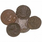 Lotes de Conjunto. AE. Lote de 5 monedas. RR.CC., Felipe IV, Felipe V, Carlos IV e Isabel II. MBC- a BC-.