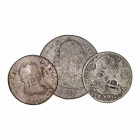 Lotes de Conjunto. AE. Lote de 3 monedas. Falsas de época. 2 Reales 1776 y 1818 (resello parrilla) y 4 Reales 1792. RC.