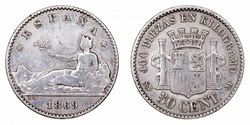 Gobierno Provisional. 50 Céntimos. AR. 1869 *6-9 SNM. 2.42g. Cal.18. Rayita en a...