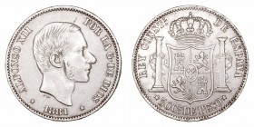 Alfonso XII. 50 Centavos de Peso. AR. Manila. 1881. 12.76g. Cal.79. MBC.