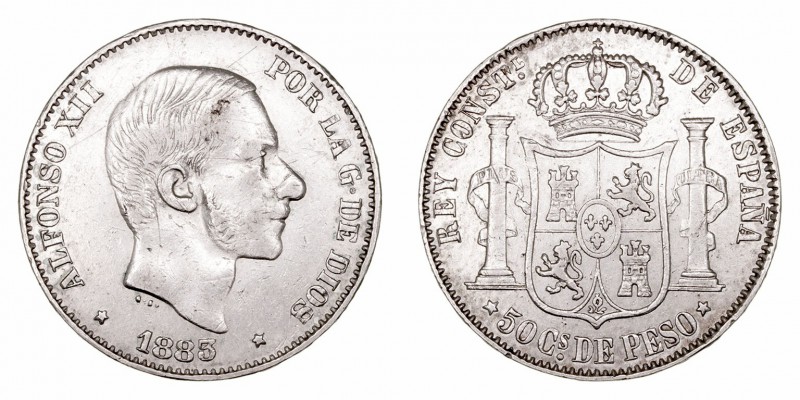 Alfonso XII. 50 Centavos de Peso. AR. Manila. 1883. 12.92g. Cal.83. Rayita en an...