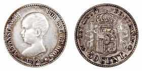 Alfonso XIII. 50 Céntimos. AR. 1892 *2-2 PGM. 2.50g. Cal.56. Suave y bonita pátina, con restos de brillo. EBC+/EBC.
