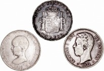 Lotes de Conjunto. 5 Pesetas. AR. Lote de 3 monedas. 1871, 1888 y 1897 (Peso Filipinas). BC- a RC-.