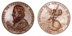Alfonso XIII. Medalla. AE. 1905. III Centenario de la publicación del Quijote, 1605-1905. Grabador B. Maura. 89.72g. Vives 621. Rayitas en anverso. MB...