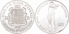 Andorra	. 20 Diners. AR. 1987. Tenis nueva disciplina olímpica (se acompaña la moneda de 2 Diners del mismo evento en cuproníquel). EBC+.