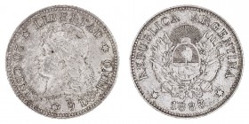 Argentina	. 20 Centavos. AR. 1833/2. 4.93g. KM.27. Tonalidad del tiempo. EBC-.