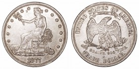 Estados Unidos	. Dólar de Comercio. AR. 1877 S. (Trade Dollar). 27.12g. KM.108. Ligeros golpecitos en canto y suave pátina. MBC+.